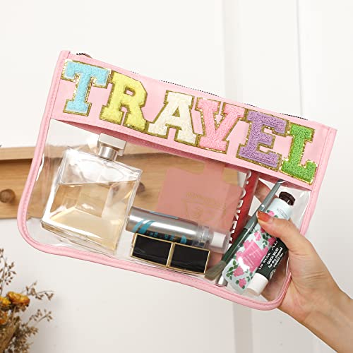 DYSHAYEN Chenille Letter Clear Zipper Pouch for Travel,Nylon Clear Cosmetic Bag,Makeup Travel Bag for Women Girls 11.8 Inches x 8.2 Inches - color: Pink-Travel
