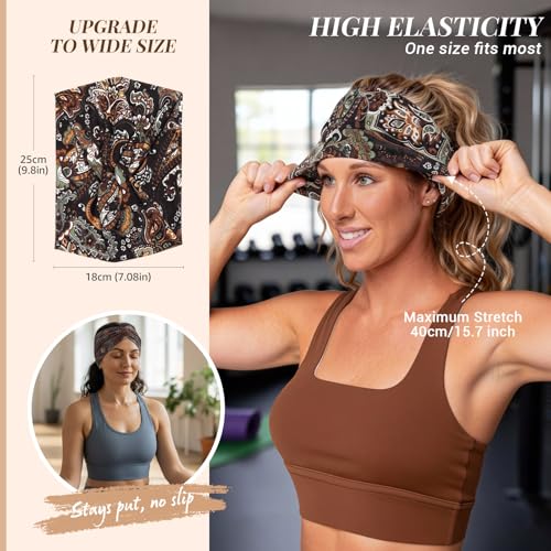 Awumbuk Wide Headbands for Women, 7.08 Inch Thick Boho Turban Style Hair Wraps, Non-Slip Moisture-Wicking Workout Headband for Sports, Yoga, Daily Fashion, 8 Pack Multi Colors (black) - color: black
