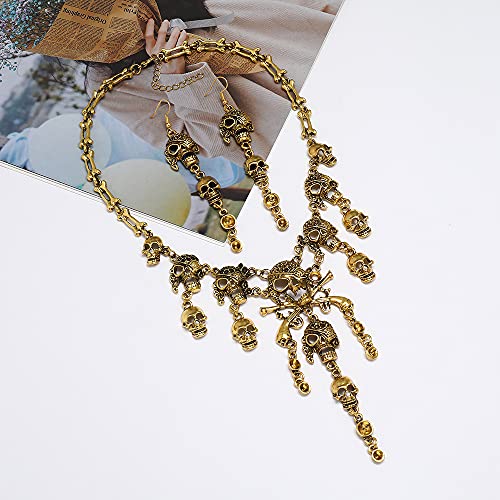 Pingyongchang Vintage Pirate Skull Tassel Charm Necklace and Skull Bracelet Lady Horror Necklace for Women - color: Set 1