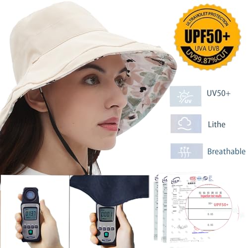 vidsel Womens Sun Hats Wide Brim Reversible Bucket Cotton Hat Packable Summer Travel Cap with Hat Clip,UV Protection - color: Beige, size: Medium