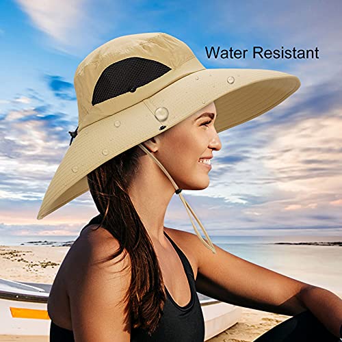 Leotruny Women Super Wide Brim Sun Hat UPF50+ Waterproof Bucket Hat for Fishing, Hiking, Camping - color: Khaki