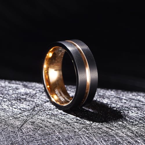 King Will Mens Tungsten Rings for Men Two Tone Grooved Mens Wedding Band Cool - color: Rose Gold 8mm