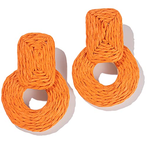 Statement Raffia Earrings Cute Boho Earrings Rattan Dangle Earrings Handmade Straw Wrap Earrings Summer Drop Dangling Earrings for Women Teen Girls - color: Orange