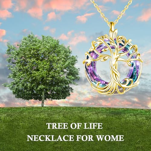 TOUPOP Tree of Life Necklace Gifts for Women 925 Sterling Silver Family Tree Pendant with Crystal Birthday Irish Jewelry Gifts for Women Her Wife Mom - color: 03-Gold-Purple Crystal