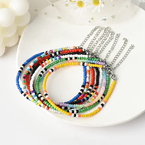 XIJIN 8Pcs Handmade Beaded Anklets for Women Boho Colorful Beads Ankle Bracelets Adjustable Foot Anklet Set - color: H