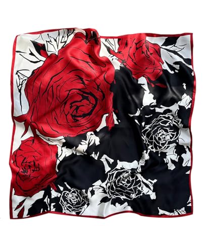 Hioyiwse Head Scarf For Women Hair Bandana 35" Large Square Satin Wrap Sleeping Neck Silk Satin Hair Scarves Lightweight - color: F26-big Red Rose(35*35inch）