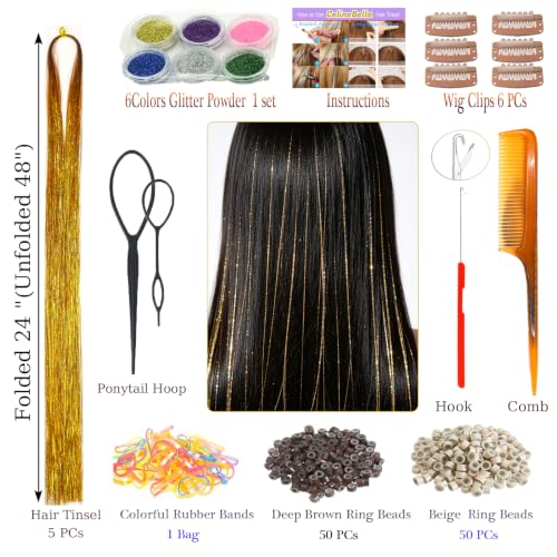 Celinebella Bronze Gold Hair Tinsel, 48" 5 Bundles 1250 Strands Fairy Hair | Shimmering bronze copper metallic strands, lightweight, heat safe to 320°F, ideal for Christmas holiday & daily wear - color: 15-Bronze Gleam, size: 48 Inch Pack of 5Pcs