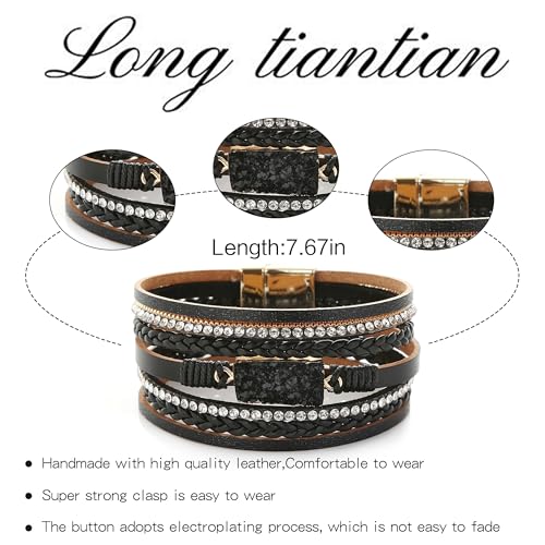 Long tiantian Leather Wrap Bracelets Boho Bracelets for Women Rhinestone Leather Bangles Boho Western Outfit Accessories Jewelry Gifts - color: black