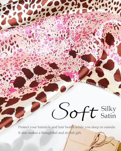 Wrap Cap Hair Net and Scarf for Silk Press, 2 in 1 Satin Satin Scarf with Headband Hair Net - color: Pink Leopard