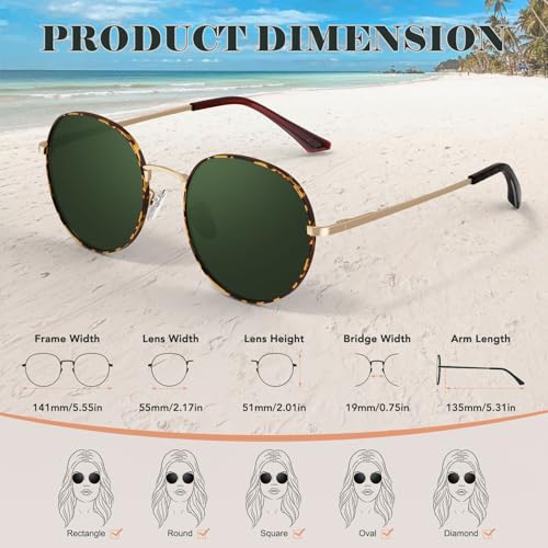 GQUEEN Retro Round Polarized Sunglasses Womens Men Spring Hinge Metal Frame Trendy Hippie Oval Sun Glasses Shades UV400 - color: 1 Tortoise Frame/Green Lens