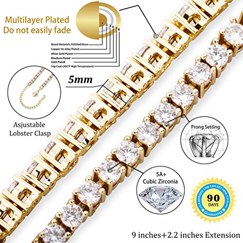 TOPGRILLZ Tennis Ankle Bracelet Gold Anklet Adjustable with Extension 14K Gold Plated Iced out Diamond 3-6mm Fashion Stylish Foot Jewelry for Women - style: 5mm Gold