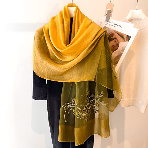 WINCESS YU Women Mulberry Silk Scarf Long & Large Embroidered Floral Pattern Shawl and Wraps Neckerchief for Hair & Neck - color: Gradient Yellow