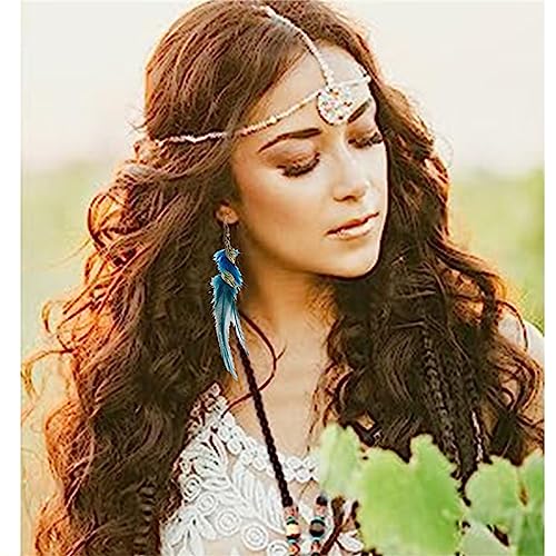 Bohemian Handmade Natural Long Feather Dangle Earrings for Women Multicolor Tassel Feathers Dangle Drop Earrings Vintage Bohemian Earrings Boho Feather Earrings - color: Blue