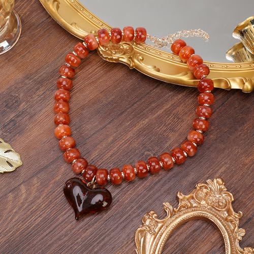 Chunky Colorful Beaded Statement Boho Summer Beach Chokers Necklace Heart Pendant Pink Green Yellow Brown Fashion Jewelry - color: Gold-brown2