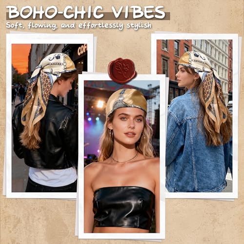 Large Square Head Scarf Bandana - 35" Satin Hair Scarf for Women Like Silk Scarf Fashion Hair Wrapping - color: Equestrian Chain(khaki), size: 35IN*35IN