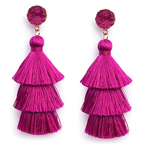 Me&Hz Colorful Layered Tassel Earrings Bohemian Statement Tiered Tassel Big Dangle Drop Earrings for Women Druzy Studs Valentine’s Day Gift - color: Magenta