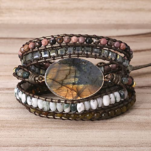 Women Wrap Bracelet Boho Natural Jasper Crystal Stone Beads Strand Bracelets - color: Labradorite