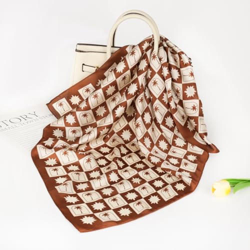 Relang Fashion Silk Satin Head Scarf for Women Hair Bandana Hair Scarf Wrap Neck Scarf for Women 27.5×27.5 inches - color: Checkerboard Palm Leaf Print in Burgundy