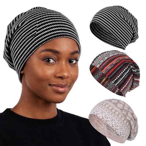 Bohend Bohemian Beanie Hats Headwear Cap Stretch Non Slip Bandanas Sleep Turbans Hats for Women Men Close top Head Covering - style: Striped Style