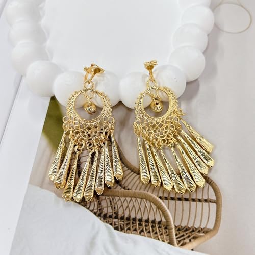 Indian Jingle Bell Dangling Chandelier Clip on Earring Boho Ethnic for Women Bollywood Traditional Gypsy Bohemian Gold Plated Long Tassel Dangle Drop Festival Holiday Party Non Pierced Ears Jewelry
