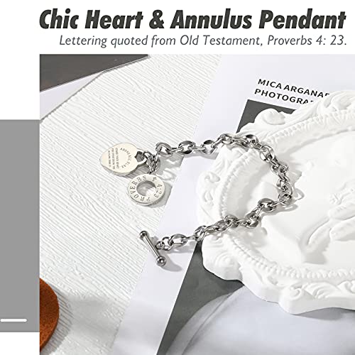 Emibele Heart Charm Bracelet for Women, Bible Verse Bracelet Stainless Steel 18K Gold Plated Bracelet Love Pendant Link Chain OT Clasp, Birthday Christmas Jewelry Gift for Mother Her - color: Silver