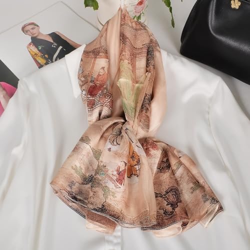 100% Mulberry Silk Women's Neck Silk Scarf-Lightweight Shawl,FLoral Print Beach Silk Wrap-Scarves for Photography - color: Khaki