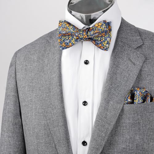 Alizeal Mens 2pcs Classic Floral Pattern Self-tied Bow Tie and Handkerchief Set - color: 045-blue/ Orange/ Yellow