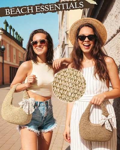 fauson Beach Bags for Women - Handmade Straw Clutch Purses for Women Handbag Zip Closure Tote Bag Lightweight - color: Beige