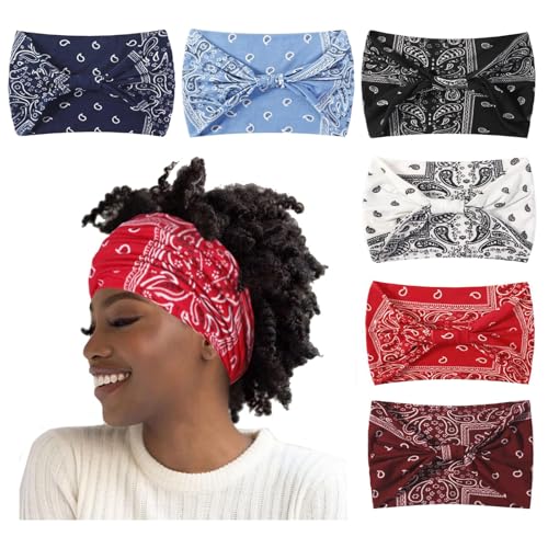 Artilady Wide Bandana Headbands for Women-Boho Bandeau Head Band Bohemian Paisley Red Headwrap Soft Athletic Elastic Sweat Non Slip Hair Bands for Curly Hair Accessories 6 PCS - color: Pattern