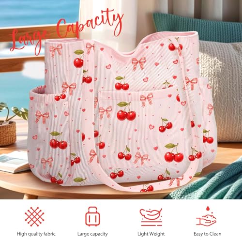 Corduroy Tote Bag for Women,Large Capacity Cute Tote Bags With 6 Pockets,Crossbody Shoulder Handbag for Work Travel Gym - color: Cherry Bows