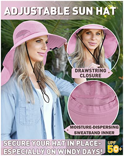 Tirrinia Wide Brim Sun Hat with Neck Flap for Men & Women, Breathable Hiking Fishing Safari Hat, Outdoor UV Protection Cap - color: Dusty Pink