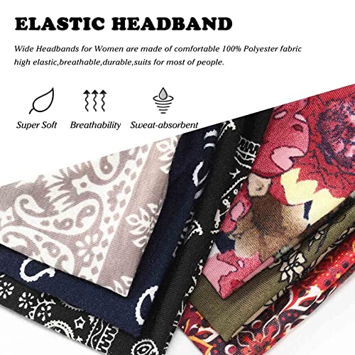 Olbye Wide Headbands Knotted Turban Headband Floral Non Slip Elastic Hairbands Workout Head Wraps Yoga Hair Scarfs Boho Fashion Hair Accessories for Women 6 Pcs (Chic)