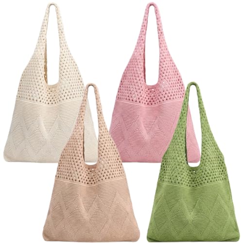 2/4 Pcs Crochet Mesh Beach Tote Bags, Summer Aesthetic Boho Knit Bag for Women Casual Vacation Essentials - color: Four Colors B