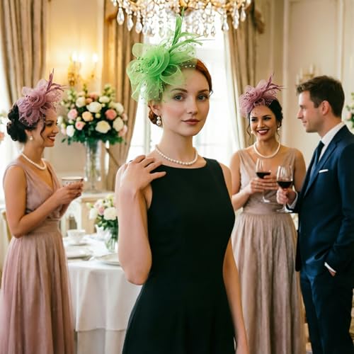 DRESHOW Fascinators Hat Flower Mesh Ribbons Feathers on a Headband and a Clip Tea Party Headwear for Girls and Women - color: 7" Diameter / Bright Green