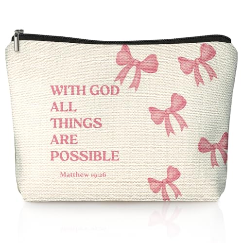 Coquette Pink Bow Christian Makeup Bag, With God All Things Are Possible Cosmetic Bags for Women, Christian Bible Verse Gifts for Women, Preppy Aesthetic Zipper Makeup Pouch - color: 01-With God All Things Are Possible