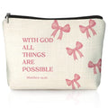 Coquette Pink Bow Christian Makeup Bag, With God All Things Are Possible Cosmetic Bags for Women, Christian Bible Verse Gifts for Women, Preppy Aesthetic Zipper Makeup Pouch - color: 01-With God All Things Are Possible
