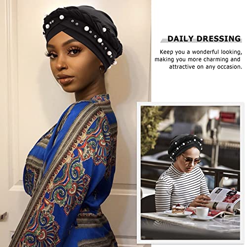 African Women Turban Caps Pre-Tied Twisted Turbans Head Scarf for Women Hair Wraps Cover Beanie Cancer Chemo Headwear - color: 1 Pack Twisted Braid A: With Pearls Black
