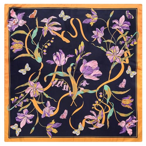Stlvoll 27.5" Silk Neck Scarf of Women's Fashion Head Scarf Square Neck Satin Scarfs for Bag Hair Scarves Gift - color: Flower/Gold/Black/Purple