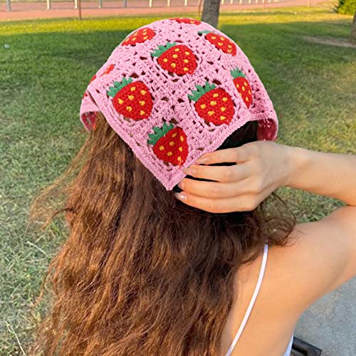 DRESHOW Floral Crochet Hair Bandana Tie Knotted Headscarf Vintage Headband Knitted Head Kerchief for Women Girls - color: 2 Pcs Strawberry Mushroom (Pink + Beige)