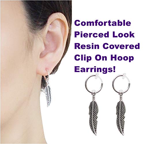 Silver Small for Women Comfortable Plastic Invisible Clip On Hoop Earrings Men Fake Nose Ring Faux Lip Septum Ring Fake Cartilage Earrings 12 mm Spike Cross Feather 15mm Unisex Gold Non Piercing Lobes - color: Feather