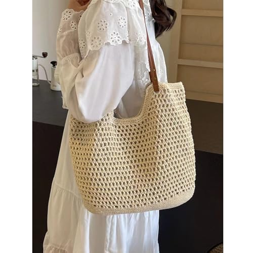 Cotton Fibre Crochet Beach Tote Bag for Vacation,Bohemian Cotton Hobo Shoulder Bag Casual Woven Purse for Women - color: Beige Shoulder Bag - 3