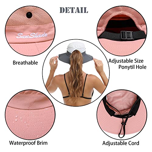 Womens Summer Sun Hat Beach Hat Wide Brim Outdoor UV Protection Hat Foldable Cool Mesh Ponytail Bucket Hat - color: Pure Pink