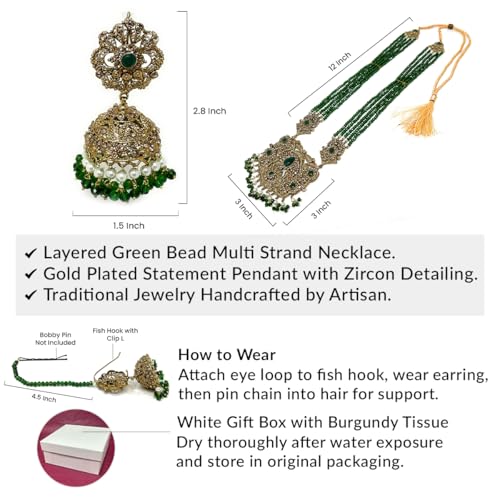 Duel On Jewel Indian Ethnic Jewelry Virtual Bundle for Women - Gold-Plated Teardrop Bell Anklet Payal Set with Green Bead Rani Haar Necklace & Jhumka Earrings, Bridal Wedding Party Boho Mughal Style