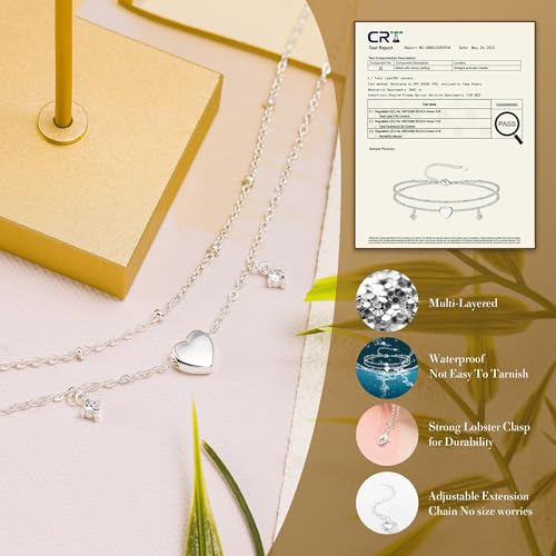 Kenivira Sterling Silver Ankle Bracelets for Women Dainty Non Tarnish Gold Layered CZ Heart Charm Anklets for Women Waterproof Adjustable Chain Anklet Cute Summer Beach Jewelry Gift - color: silver cz heart