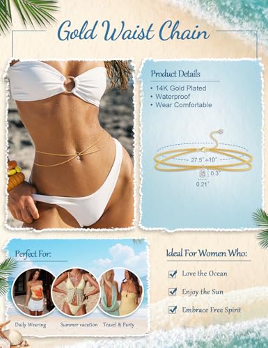 Gold Waist Chain for Women, Trendy Layered Belly Chain Jewelry, Adjustable Body Chain for Beach & Summer Outfit - style: Gold Style 7