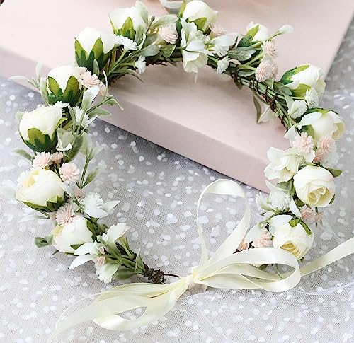 Vivivalue Wedding Flower Crown Women Flower Headband Hair Wreath Floral Headpiece Halo Boho with Ribbon Party Prom Festival Photos - color: K