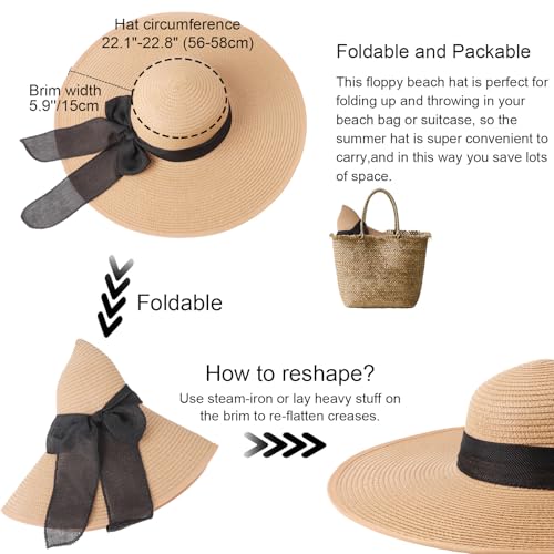 DRESHOW Beach Hats for Women Big Straw Wide Brim Summer Hat Floppy Foldable Roll up Cap Sun Hat UPF 50+ - color: Khaki (Black Band) /Normal Edge