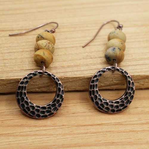 Boho Earrings for women, Hammered Copper Earrings, Bohemian Beaded Gemstone Rustic Jewelry, African Opal Earrings Handmade - style: Hammerd Thick Hoop