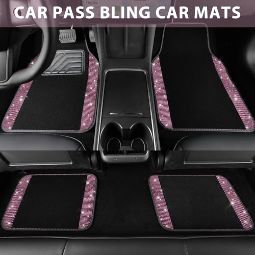 CAR PASS Bling Diamond Car Floor Mat Shining Rhinestones Carpet, Sparkly Glitter Crystal Anti-Slip PVC Heel Pad Automotive Universal Fit for SUV Sedan Car Van, 4pcs for Girl Cute Women, Black Pink - color: Pink Diamond