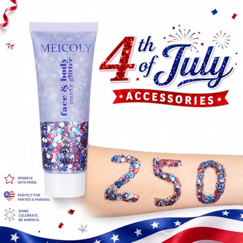 MEICOLY 250th Red White and Blue Patriotic Face Glitter,Fourth of July Star Hair Glitter,4th of July Outfits for Women,USA Flag Body Glitter for Independence Day Veterans Day - color: Glory Red White Blue